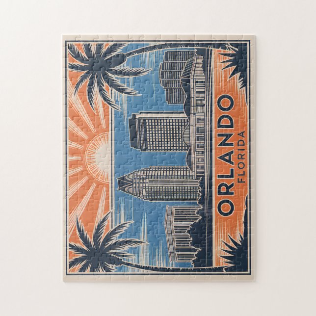 Quebra-cabeça Orlando Florida Skyline Médio Century Estilo Vinta (Vertical)
