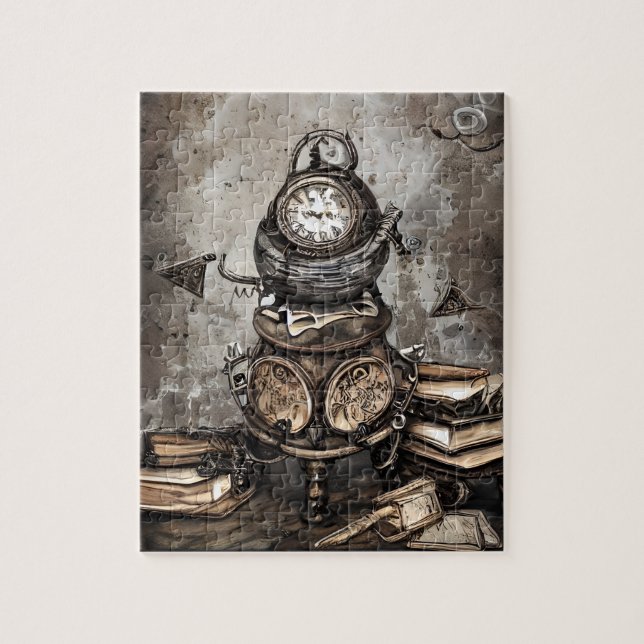 Quebra-cabeça Ornamentado Steampunk Cauldron Spell Books e Relóg (Vertical)