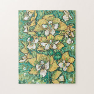Quebra-cabeça Orquídea Amarela Flores Tropicais Pintura Floral