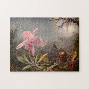 Quebra-cabeça Orquídea de Cattleya e três beija-flores