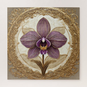 Quebra-cabeça Orquídea Elegante em Moldura Dourada Intrincada