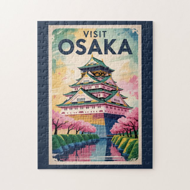 Quebra-cabeça Osaka Japan Castle Illustration Travel Art Vintage (Vertical)