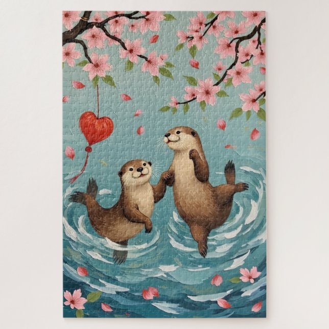 Quebra-cabeça Otters Holding Paws with Valentine Lantern (Vertical)