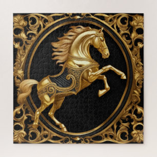 Quebra-cabeça Ouro Dourado de cavalo e armação ornamental negra