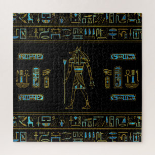 Quebra-cabeça Ouro egípcio de Anubis e vitral azul