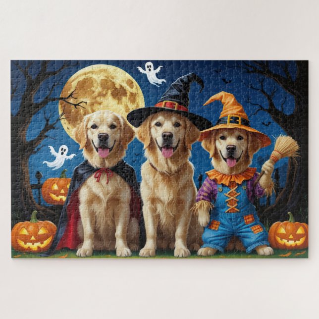 Quebra-cabeça Ouro Retriever Cães Abóbora Pumpkin Halloween Engr (Horizontal)