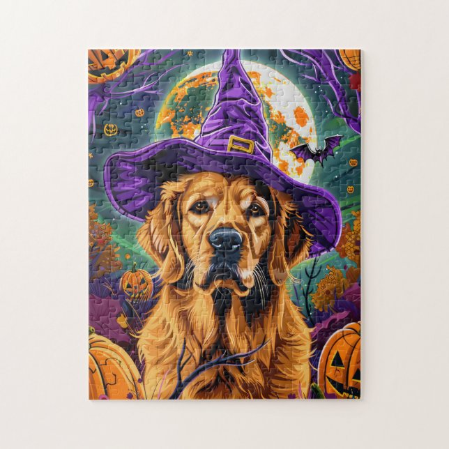 Quebra-cabeça Ouro Spooky Retriever Halloween Pumpkin (Vertical)