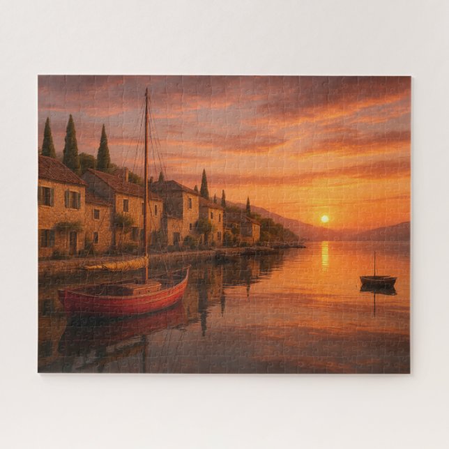 Quebra-cabeça Ouro Sunset Sobre Vila Costeira (Horizontal)