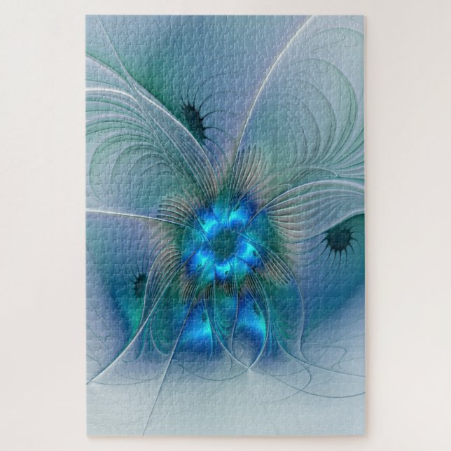 Quebra-cabeça Ovações de Pé, Fractal Azul Turquesa Abstrato (Vertical)