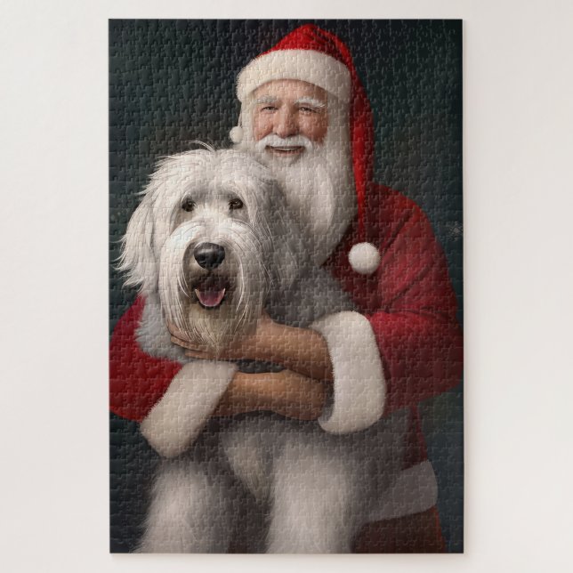 Quebra-cabeça Ovelha Cachorro Inglês com Papai Noel Festivo (Vertical)