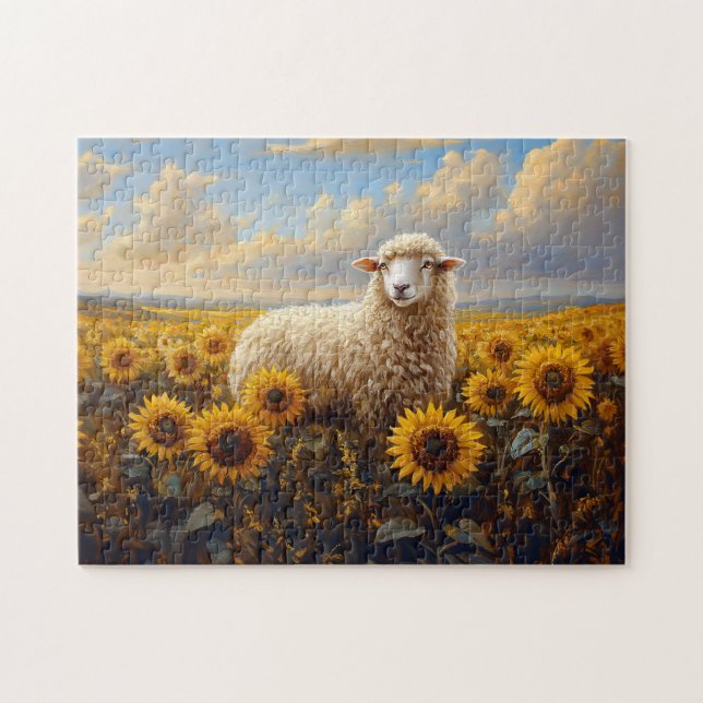 Quebra-cabeça Ovelha em pintura de campo de girassol (Horizontal)