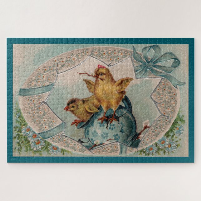 Quebra-cabeça Ovo de Páscoa azul e Pintinho grande (Horizontal)