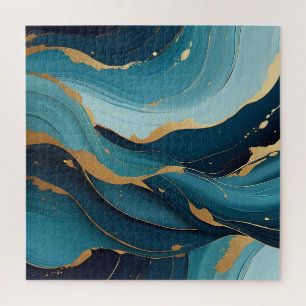 Quebra-cabeça Padrão Abstrato Fluido Azul Marinho Luxuoso Dourad