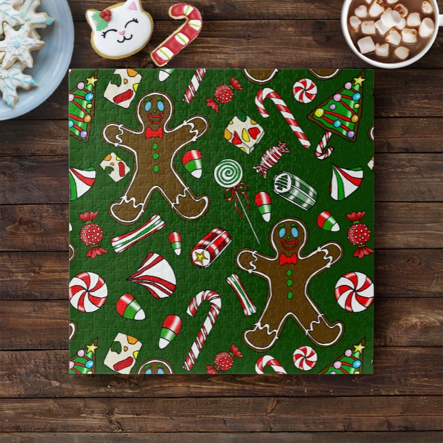 Quebra-cabeça Padrão Alegre de Gengibre Festivo Verde com Doces (Criador carregado)