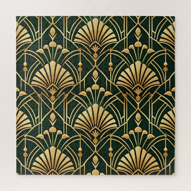 Quebra-cabeça Padrão Art Déco em Ouro Esmeralda (Vertical)