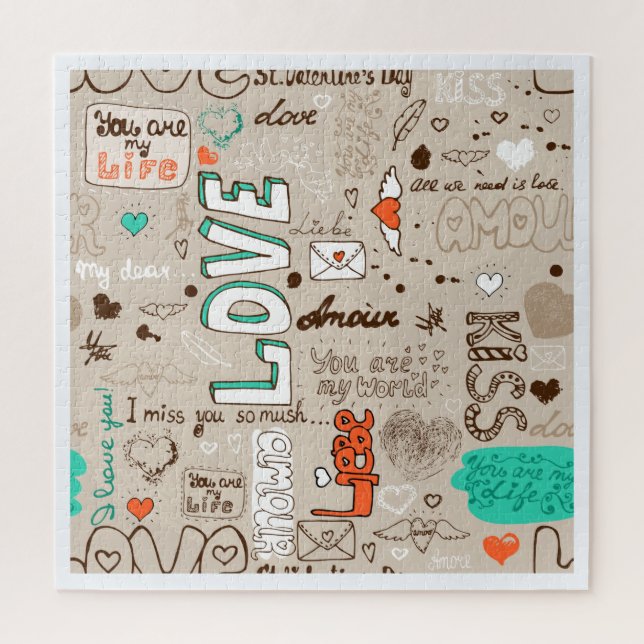 Quebra-cabeça Padrão Artístico de Doodle de Amor Multilíngue (Vertical)