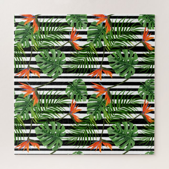 Quebra-cabeça Padrão Botânico Listrado de Monstera Tropical (Horizontal)