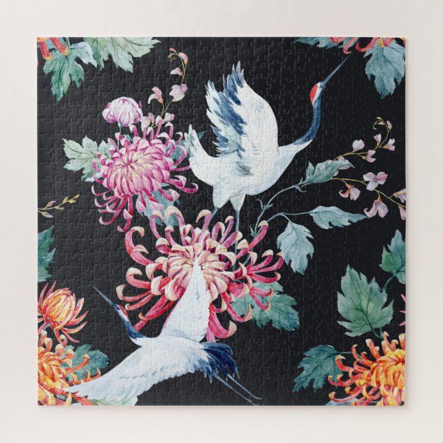 Quebra-cabeça Padrão de Aquarela de Crane Vermelha Chrysanthemum (Vertical)