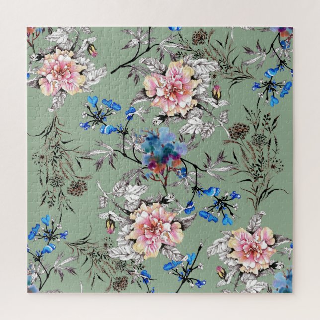 Quebra-cabeça Padrão de Aquarela Floral de Fundo Verde. (Vertical)