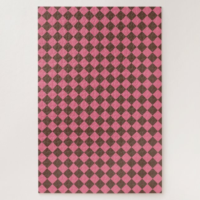 Quebra-cabeça Padrão de Diamante Xadrez Rosa Marrom (Vertical)