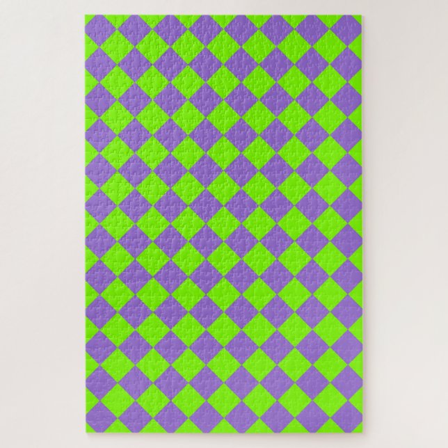 Quebra-cabeça Padrão de Diamante Xadrez Verde Roxo (Vertical)