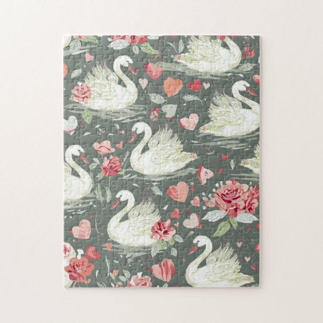 Quebra-cabeça Padrão de Elementos Cisnes e Corações Rústicos Ele (Vertical)