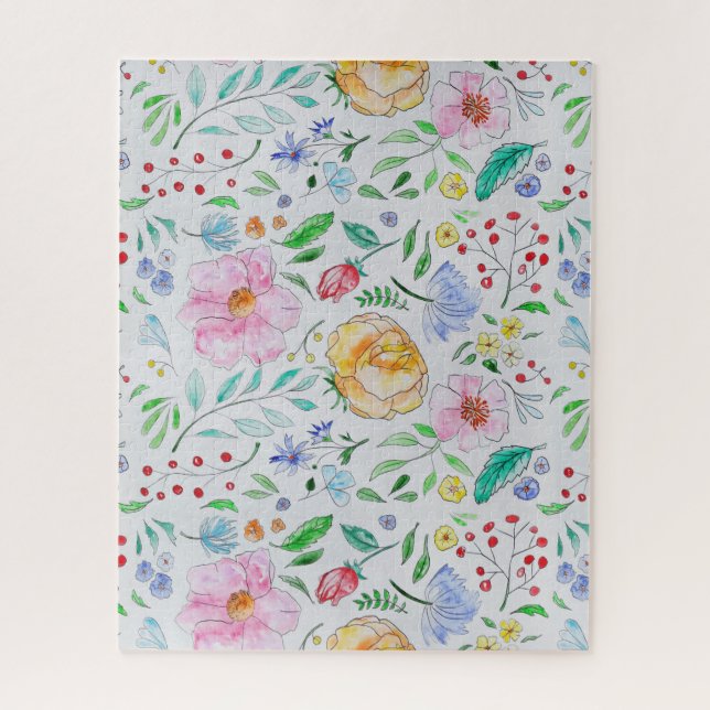 Quebra-cabeça Padrão de Flores e Botões de Aquarela Leve e Bonit (Vertical)
