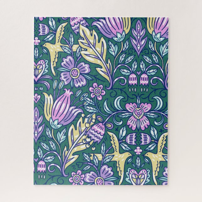 Quebra-cabeça Padrão de Flores e Pássaros no Estilo Antigo (Vertical)