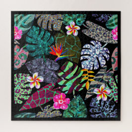 Quebra-cabeça Padrão de Folhas e Flores Tropicais Vibrantes