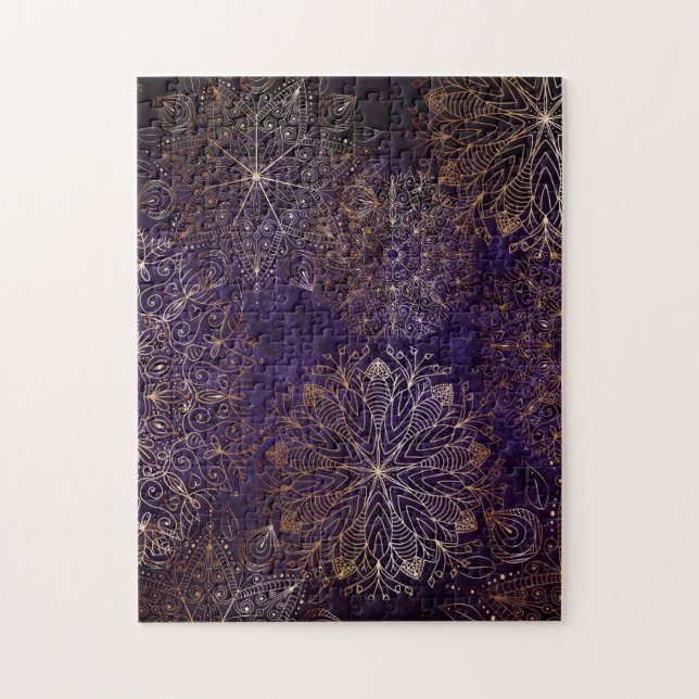 Quebra-cabeça Padrão de Mandala Floral Elegante, Dourado e Roxo (Vertical)