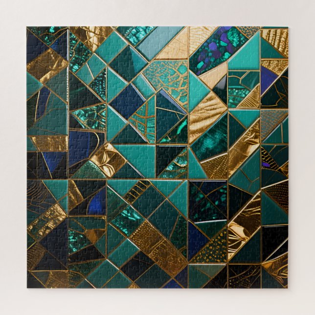 Quebra-cabeça Padrão de Mosaico Geométrico em Dourado e Turquesa (Vertical)