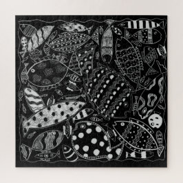 Quebra-cabeça Padrão de Peixes Preto e Branco Arte Moderna