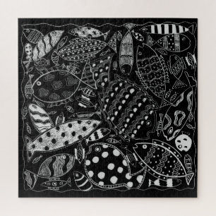 Quebra-cabeça Padrão de Peixes Preto e Branco Arte Moderna
