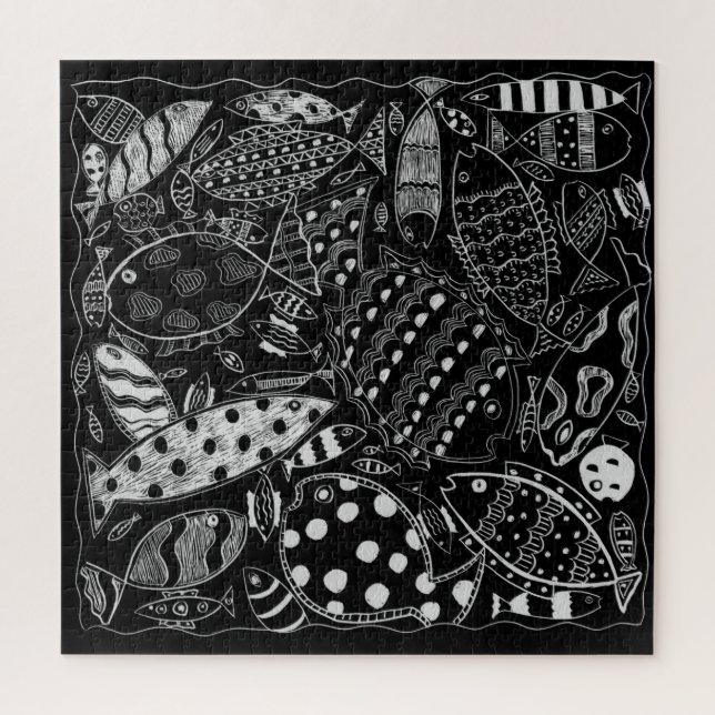 Quebra-cabeça Padrão de Peixes Preto e Branco Arte Moderna (Vertical)