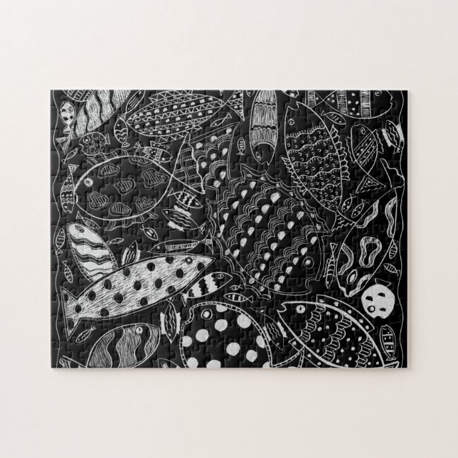 Quebra-cabeça Padrão de Peixes Preto e Branco Arte Moderna (Horizontal)