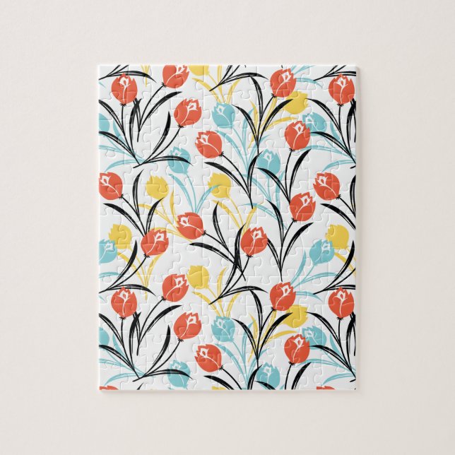 Quebra-cabeça Padrão de Tulipas Vibrante Design Floral em Branco (Vertical)