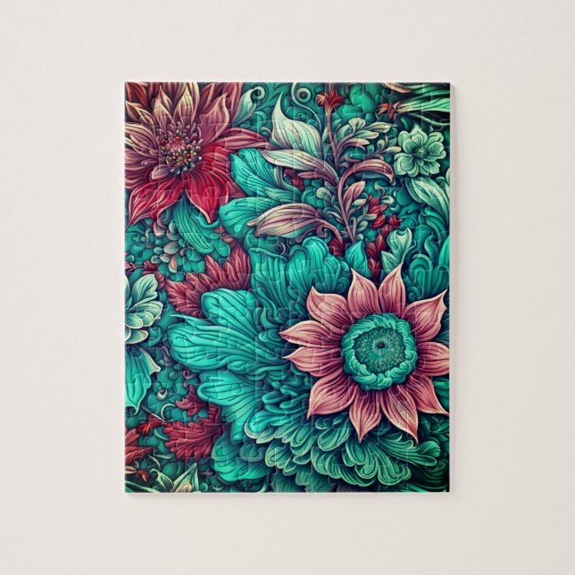 Quebra-cabeça Padrão Floral, Aqua, Teal, Turquesa e Cinzas (Vertical)
