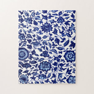 Quebra-cabeça Padrão floral azul-marinho chinês em branco