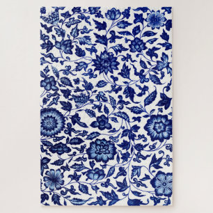 Quebra-cabeça Padrão floral azul-marinho chinês em branco