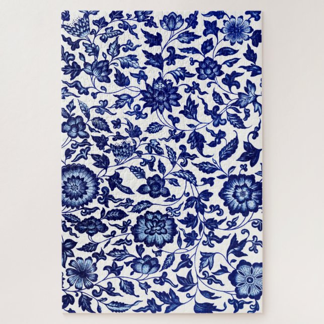 Quebra-cabeça Padrão floral azul-marinho chinês em branco (Vertical)