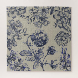 Quebra-cabeça Padrão Floral Botânico Toile Azul Vintage