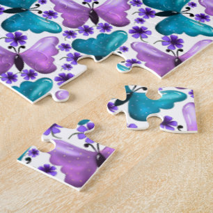 Quebra-cabeça Padrão floral de borboleta roxa azulada 
