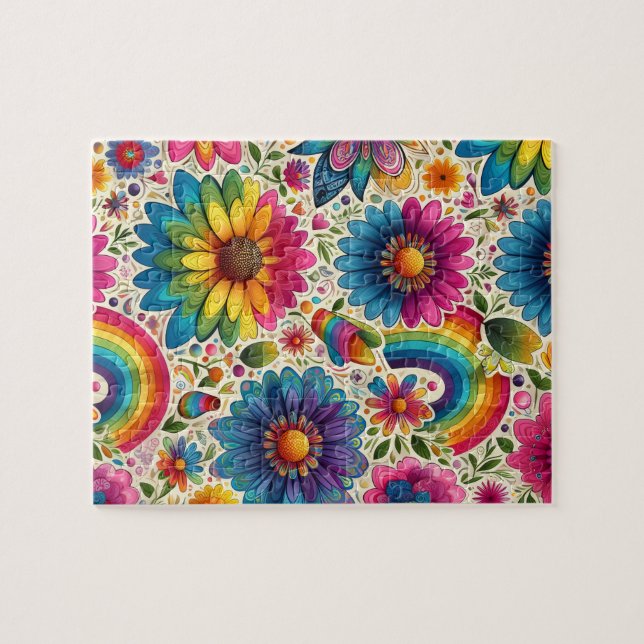 Quebra-cabeça Padrão Floral Hippie Arco-Íris Retrô (Horizontal)