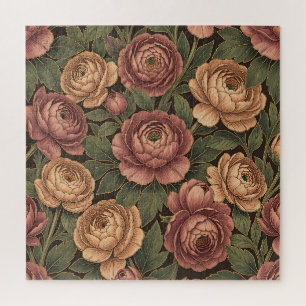 Quebra-cabeça Padrão Floral Peônia Rosa Fundo Escuro Dourado