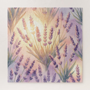 Quebra-cabeça Padrão Floral Roxo Lavanda em Aquarela Sonhadora