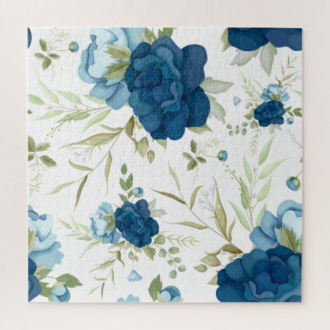 Quebra-cabeça Padrão Floral Seamless de Aquarela Azul (Vertical)