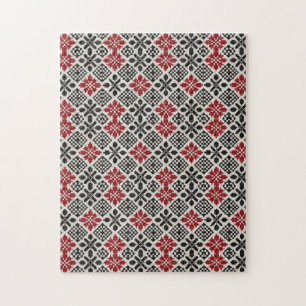 Quebra-cabeça Padrão Geométrico Folk Preto Vermelho