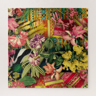 Quebra-cabeça Padrão Indígena Floral Moderno de Aquarela Tropica