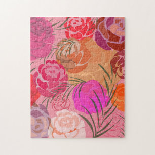 Quebra-cabeça Padrão rosa com flores e plantas