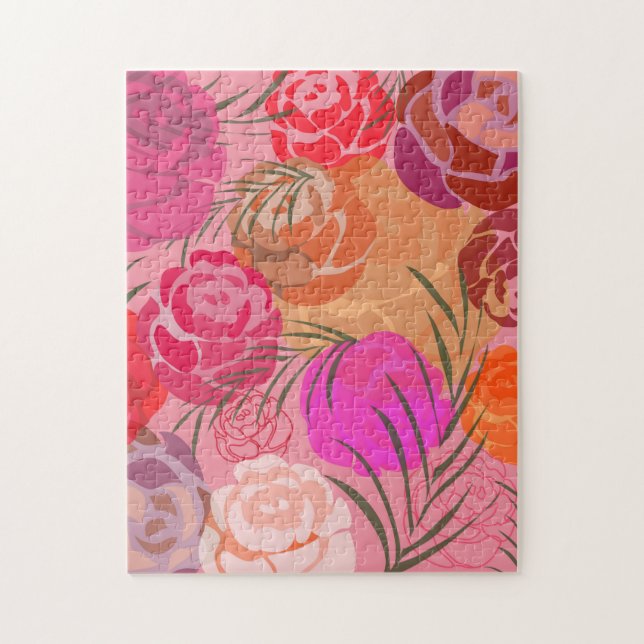 Quebra-cabeça Padrão rosa com flores e plantas (Vertical)